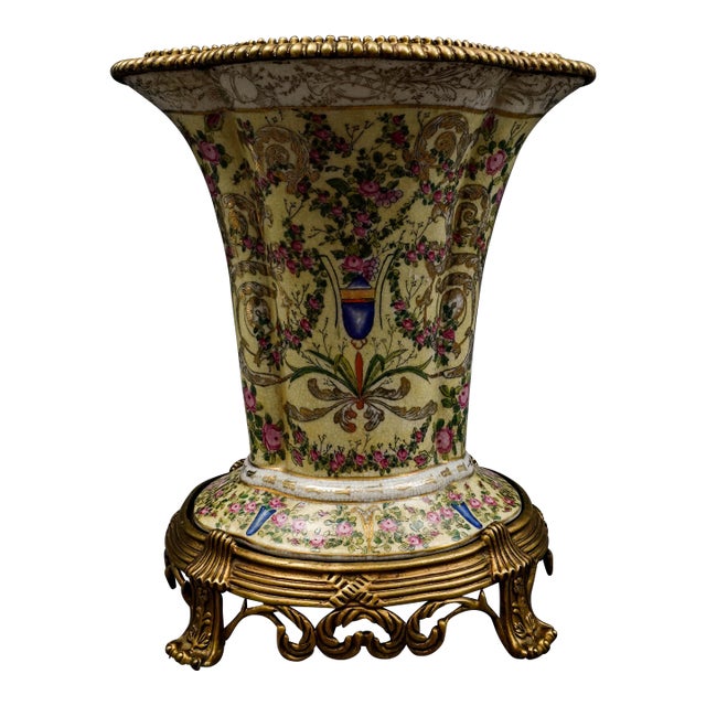 United Wilson UW 1897 Crackle Hand Painted Floral Bronze & Porcelain Vase For Sale