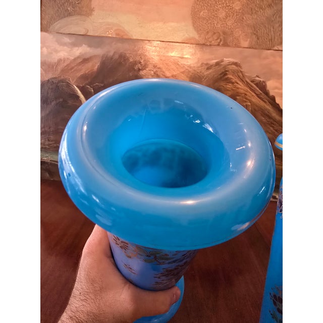 Glass Antique Baccarat Attributed Pr Opaline Vases Turquoise For Sale - Image 7 of 10