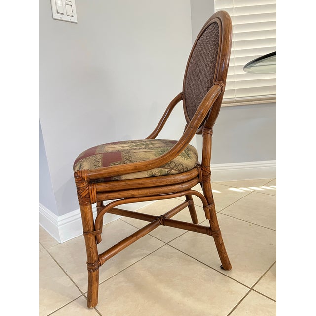 Hollywood Regency Mid 20th Century Tommy Bahama Style Bamboo With Topical Print Dining Chairs - Set of 4 For Sale - Image 3 of 8