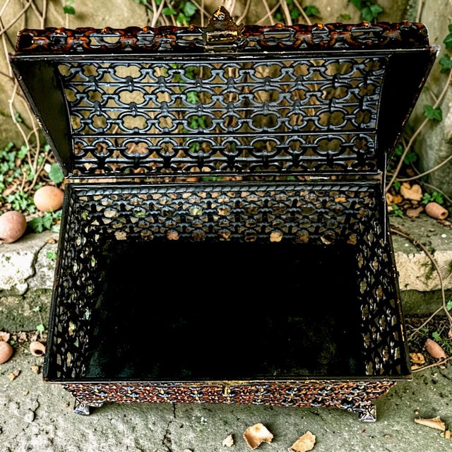 Metal Keepsake Casket Featuring an Intricate Pierced Lattice Design and Dramatic Domed Lid For Sale - Image 4 of 7