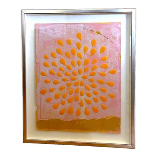 60's Abstract Safron Op Art Acrylic on Bruised Pink Watercolor Paper Chrome Framed Glass For Sale