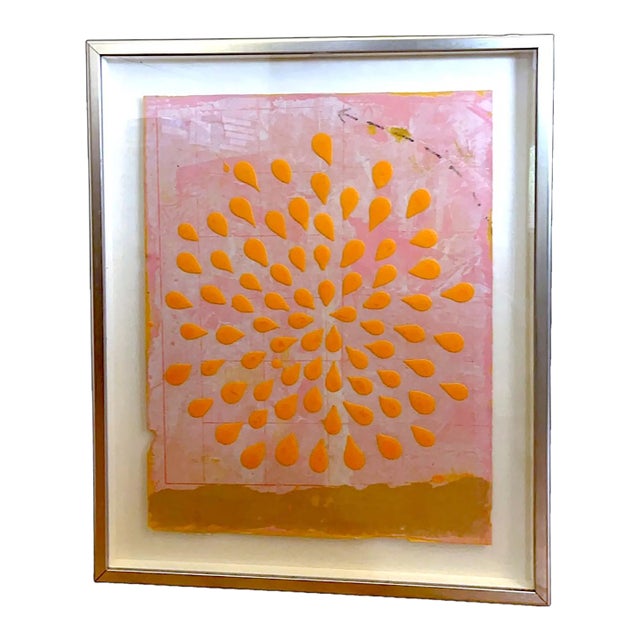 60's Abstract Safron Op Art Acrylic on Bruised Pink Watercolor Paper Chrome Framed Glass For Sale