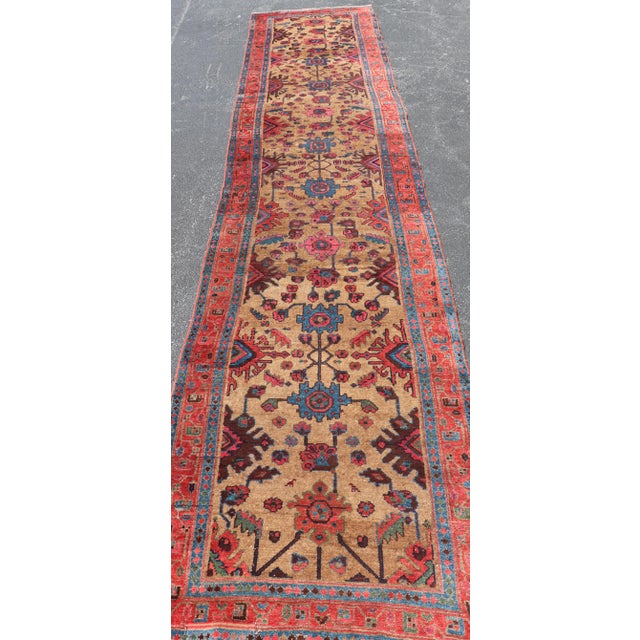 Camel Antique Persian Hamadan Long Runner With Geometric Motifs in Light Camel Field For Sale - Image 8 of 13