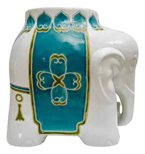 1980s Mid-Size White & Teal Ceramic Elephant Plant Stand