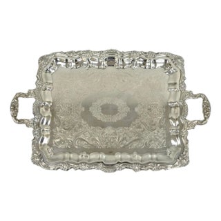 Vintage Victorian Silver Plated Rectangular Twin Handle Footed Bar Serving Tray For Sale