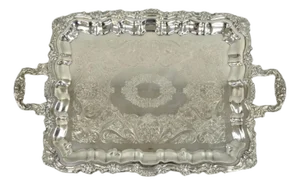 Vintage Victorian Silver Plated Rectangular Twin Handle Footed Bar Serving Tray