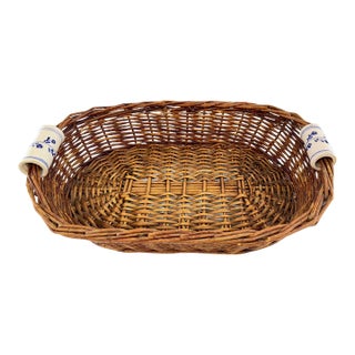 Vintage Woven Wicker Basket With Blue & White Porcelain Handles For Sale