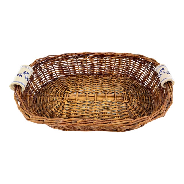Vintage Woven Wicker Basket With Blue & White Porcelain Handles For Sale