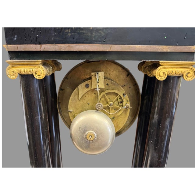 Antique French Empire Ebonized & Ormolu Decorated Portico Mantel Clock For Sale - Image 4 of 12