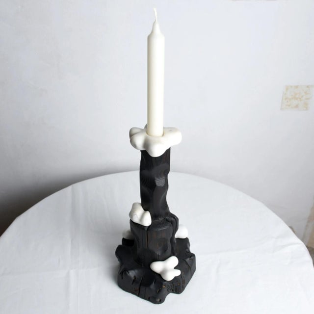 The Cumulus Candle Holder is a hand-carved wood and marble object from the Melting Collection by Gabor Gobi. Yakisugi-...