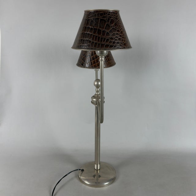 1970s Table Lamp in Metal and Brown Leather, 1970s For Sale - Image 5 of 11