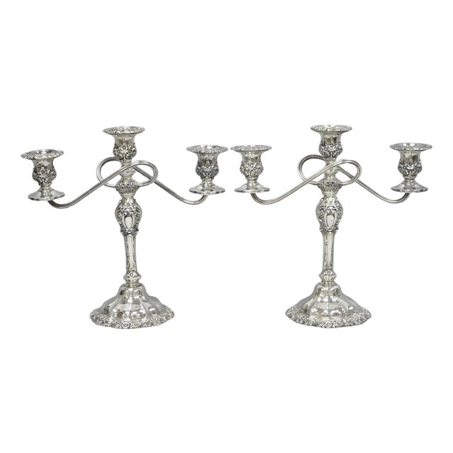 Vintage International Silver Co Countess Silver Plated 3 Arm Candelabra - Pair For Sale