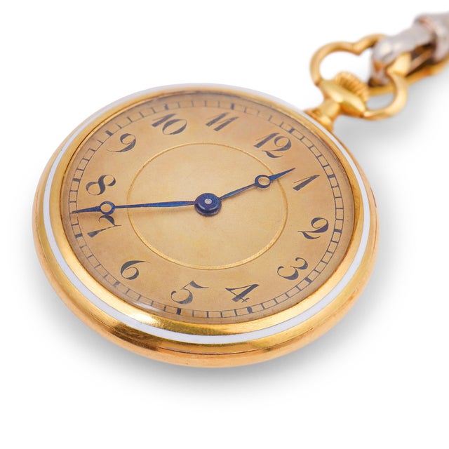Early 20th Century Early 20th Century French Belle Époque Guilloché Enamel Pocket Watch 18k Gold Necklace For Sale - Image 5 of 8