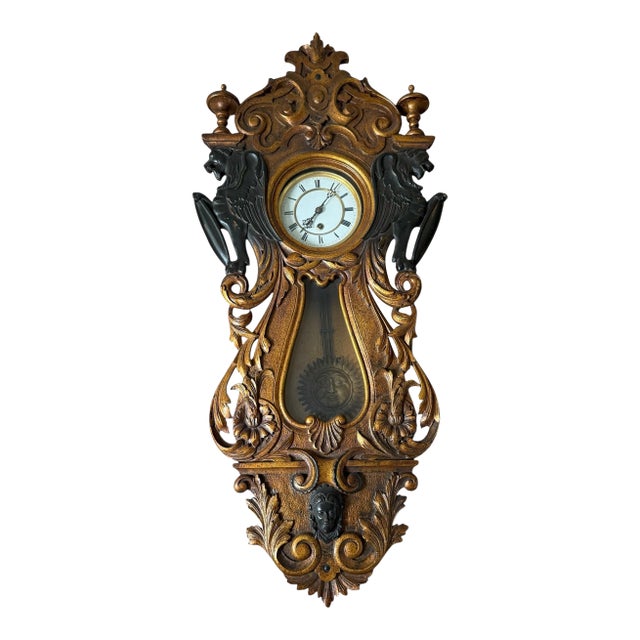 Refurbished Beaux Art Griffin Antique Wall Regulator Clock Embossed. Sun Pendulum. Featuring Griffin Figures. For Sale