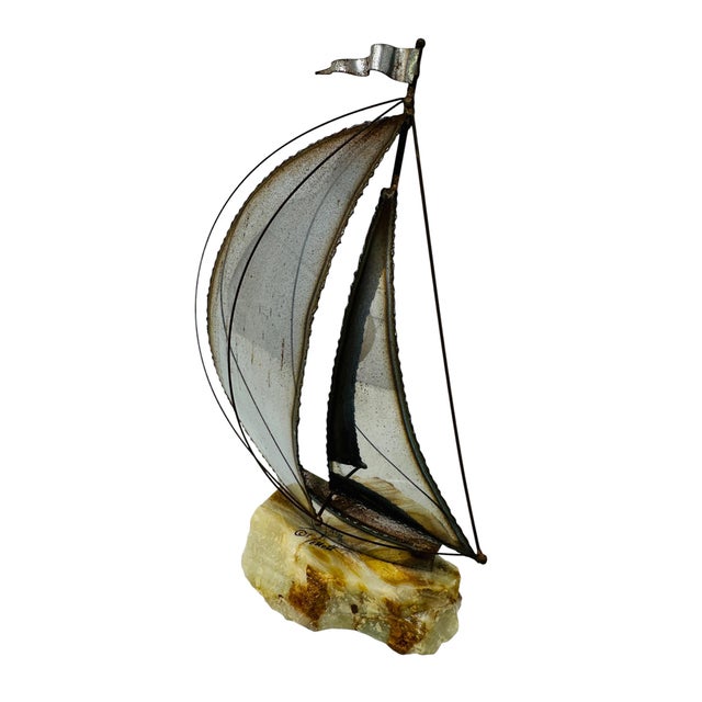 Demott 1970s Brutalist Metal Sailboat Sculpture on Onyx Base by DeMott - Set With Original Tag For Sale - Image 4 of 16