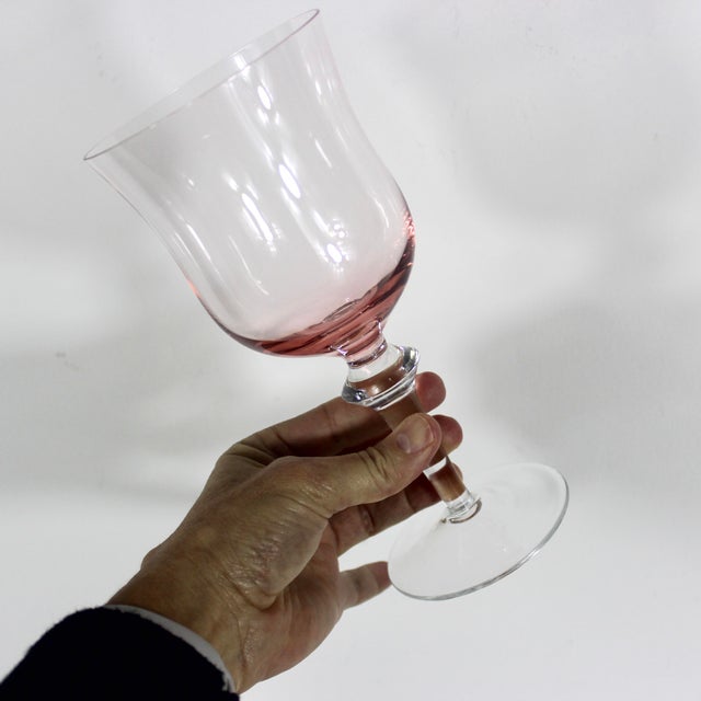 1970s Pink Glass Clear Stem Wine Glasses Large Goblet Denby Aurora Rose Glass Krosno Water- a Pair For Sale - Image 4 of 6