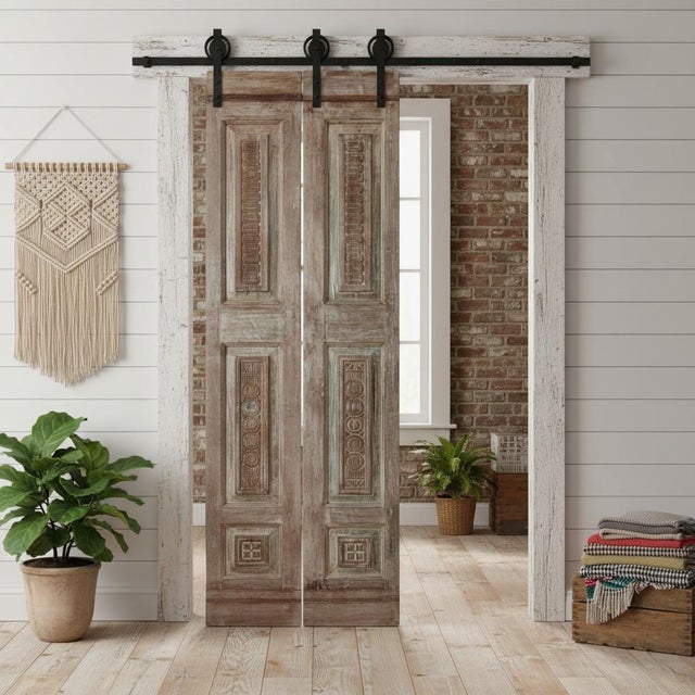 Antique Floral Carved French Double Doors | Reclaimed Wood Elegance 80x24 For Sale - Image 4 of 5