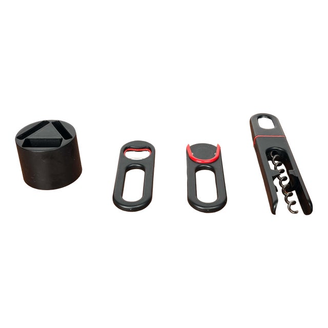 Postmodern Danish Red and Black Bottle Opener and Corkscrew Bar Set by Bjarne Bo for Ideas, Denmark, 1980s, Set of 4 For Sale
