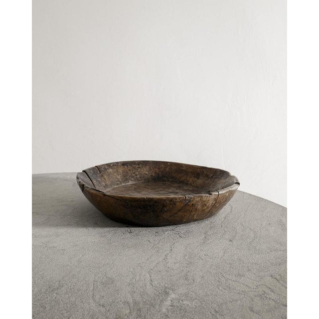 Round French antique decorative flat bowl in solid hand carved oak wood produced in France, 1800s In good original...