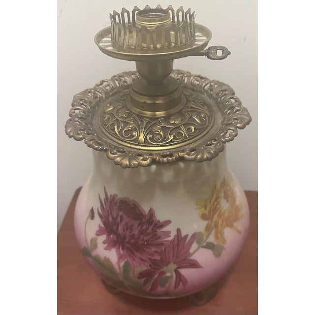 Blush Antique Victorian Electrified “GWTW”Oil Lamp With Hand-Painted Floral Double Glass Shades For Sale - Image 8 of 13