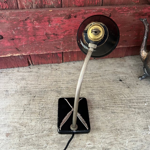 1930s Chase Brass & Copper Co. Art Deco Desk Lamp Black Shade & Feather Base For Sale In Kansas City - Image 6 of 17