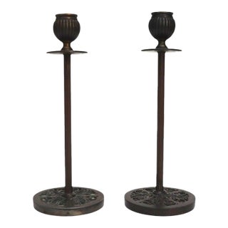 Pair Arts & Crafts Patinaed Bronze Candlesticks With Murano Glass Inserts C1920 For Sale