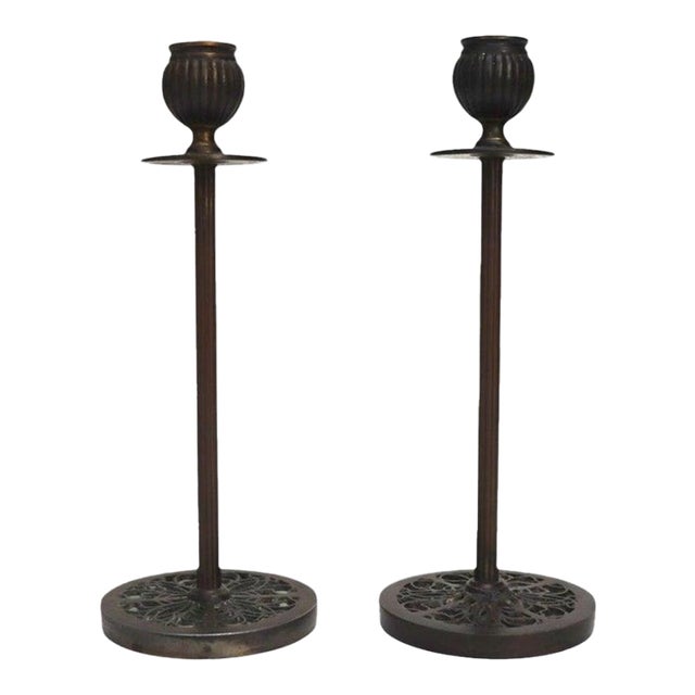 Pair Arts & Crafts Patinaed Bronze Candlesticks With Murano Glass Inserts C1920 For Sale