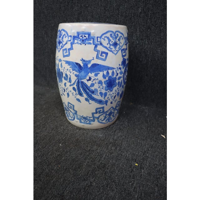 Chinese garden seat plant stand , made of porcelain with with glaze , blue decoration with birds flowers and other accents