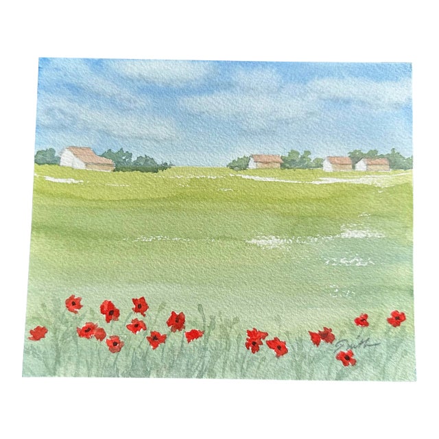 Signed Original Watercolor Landscape “More Poppies” For Sale