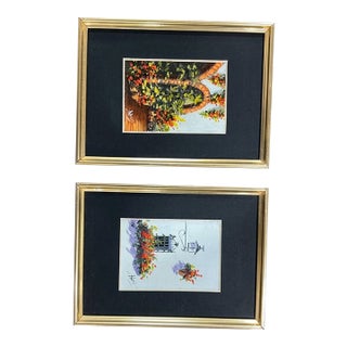 Signed Framed Miniature Architectural Oil Paintings - Set of 2 For Sale