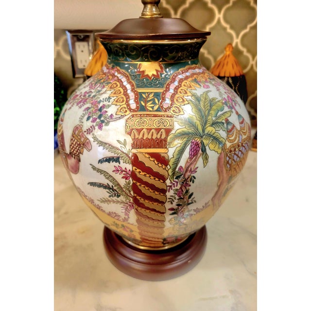 1980s Vintage Chinoiserie Colorful Ceramic Camel Ginger Jar Palm Beach Regency Leopard Shade Table Lamp For Sale - Image 5 of 11