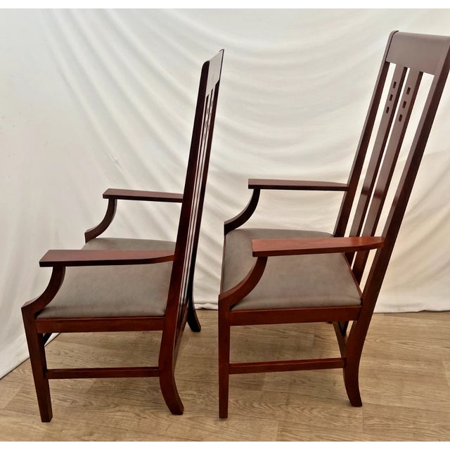 Arts & Crafts Stickley Armchairs Mission Style, Solid Cherry Frame, Leather Seat Set of Two For Sale - Image 3 of 13