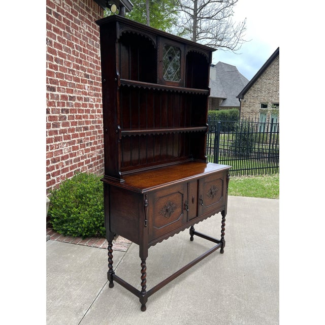Wood Antique English Welsh Dresser Buffet Sideboard Jacobean Barley Twist Oak Cabinet For Sale - Image 7 of 13