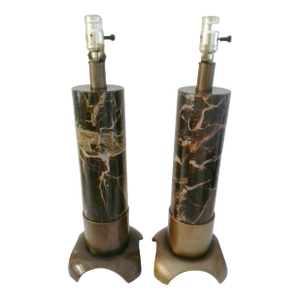 Vintage Black & Gold Faux Marble Cylinder Lamps, a Pair