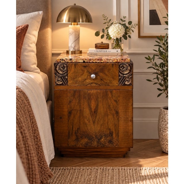 Art Deco Walnut Dressing Table Set with Marble Top and Bedside Table, 1930s, Set of 2 For Sale - Image 14 of 15