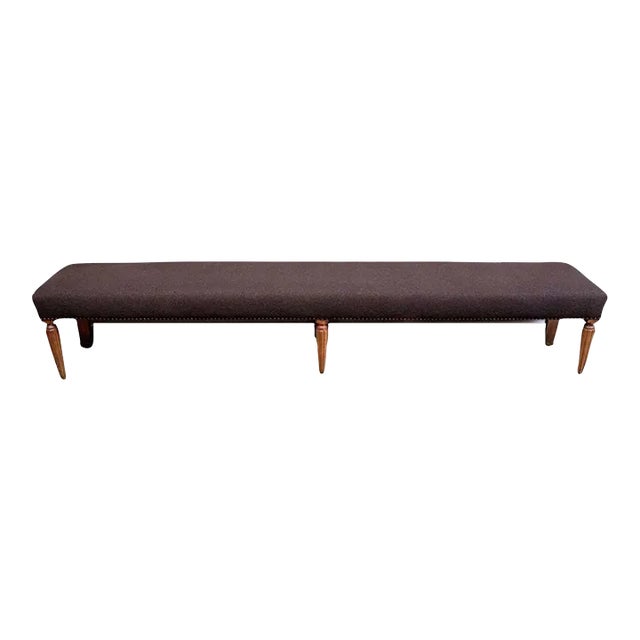 Long Upholstered Bench With Nail Head and Fluted Leg Details For Sale