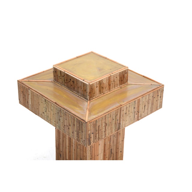 Wood Rattan Prism Side Table, Hand-Crafted, Mid-Century Modern, Brass Top For Sale - Image 7 of 8