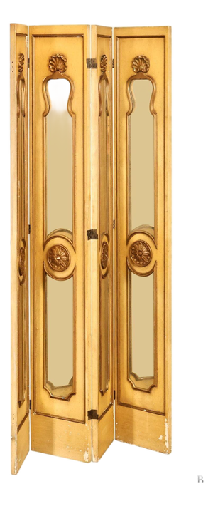Vintage Rococo Style Painted & Mirrored Four-Panel Folding Screen