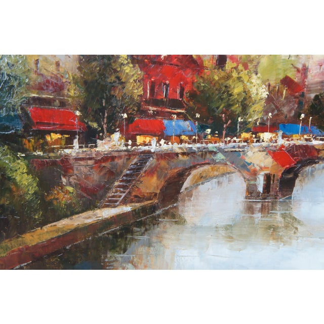 20th Century C. Giliano Italian Parisian River Cityscape Oil Painting Framed 59" For Sale - Image 9 of 13