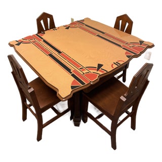 Vintage Art Deco Enamel Top Dining Table & 4 Chairs – Rare Geometric Design For Sale