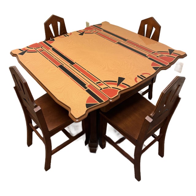 Vintage Art Deco Enamel Top Dining Table & 4 Chairs – Rare Geometric Design For Sale