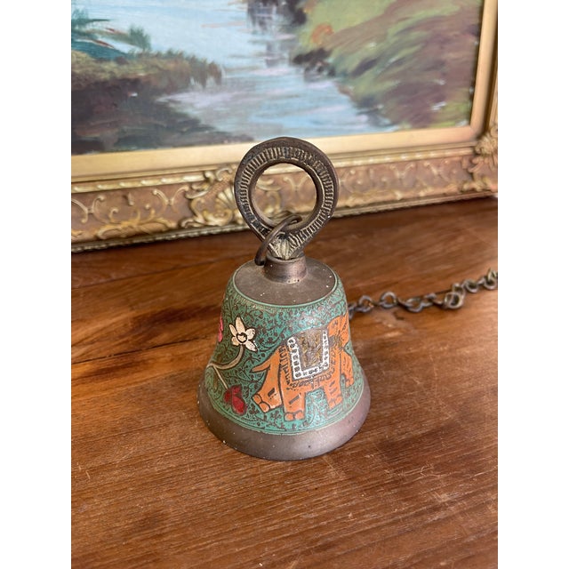 Traditional Vintage Brass Toned Hanging Bell With Hand-Painted Elephant and Floral Motifs, India For Sale - Image 3 of 8