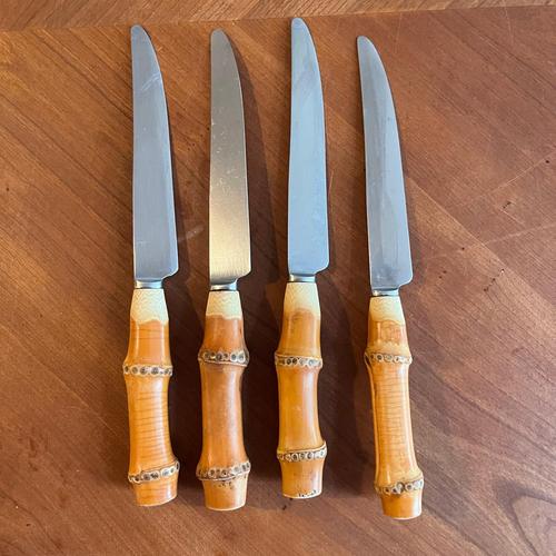 Vintage Bamboo handled Stainless Steel Flatware set of 4 place settings 4 teaspoons 4 dessert spoons 4 forks 4 dinner...