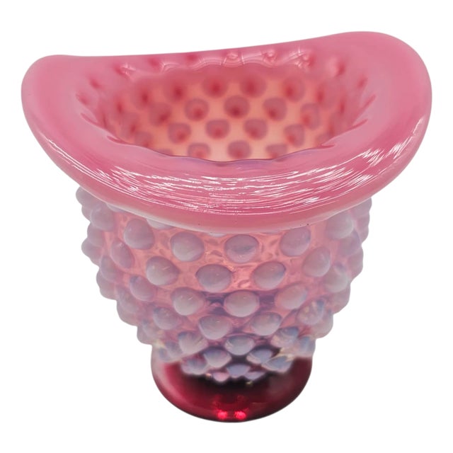 Vintage Fenton Wild Rose Overlay Hobnail Opalescent Hat Vase in Cranberry Glass For Sale