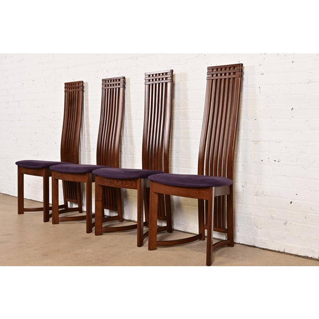Mid-Century Modern Frank Lloyd Wright Style Arts & Crafts High Back Dining Chairs, Set of Four For Sale - Image 3 of 14