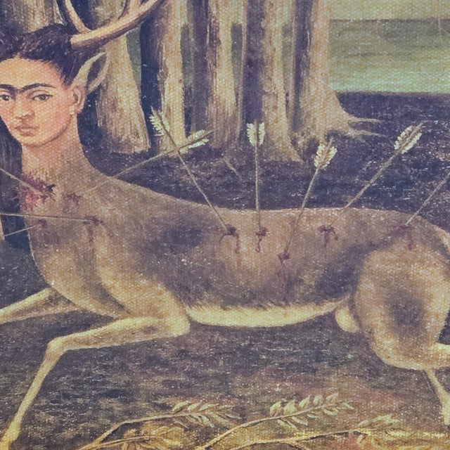 Mexican Mid-Century Turista Mexican Folk Art: Frida Kahlo "Wounded Deer" (1946) Lithograph on Canvas - Rustic Pine Frame For Sale - Image 3 of 12