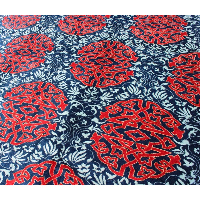 Red & Blue European Design Rug With Geometric Medallions and Vining Blossoms For Sale - Image 9 of 13