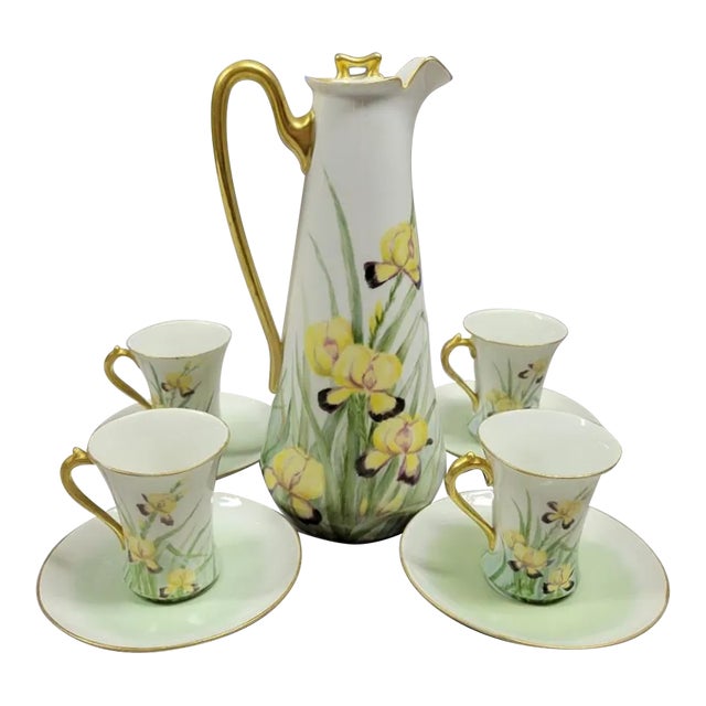 Art Nouveau French Limoges Chocolate Set With Iris For Sale