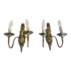 Pair French Brass Neoclassic Wall Sconces Female Figure