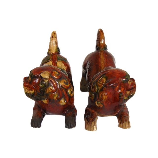 Ceramic Pair of Glazed Foo Dogs 7 3/4"w X 7"h For Sale - Image 7 of 9